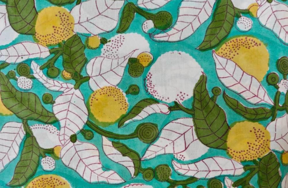 Lemon Print Cotton Fabric, Fruit Cotton Fabric by The Yard, Green Leaf Summer Fabric, Block Print Cotton Fabric Dress Making, Textile Fabric