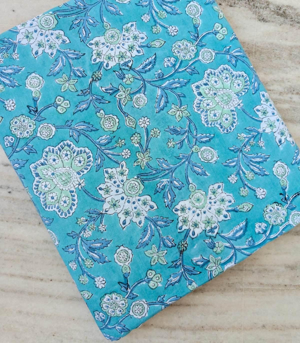 Turquoise Floral Cotton Fabric, Block Print Style Fabric, Blue Green Floral Yardage, Soft Cotton Craft Fabric, Dressmaking Quilting Napkins