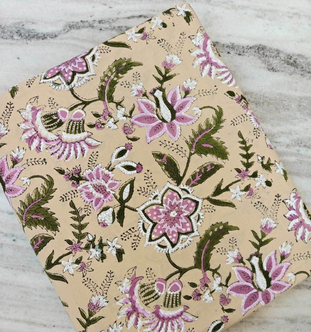 Floral Cotton Fabric, Beige Pink Botanical Print, Vintage Style Fabric, Block Print Inspired Fabric, Quilting Fabric Dressmaking by the Yard
