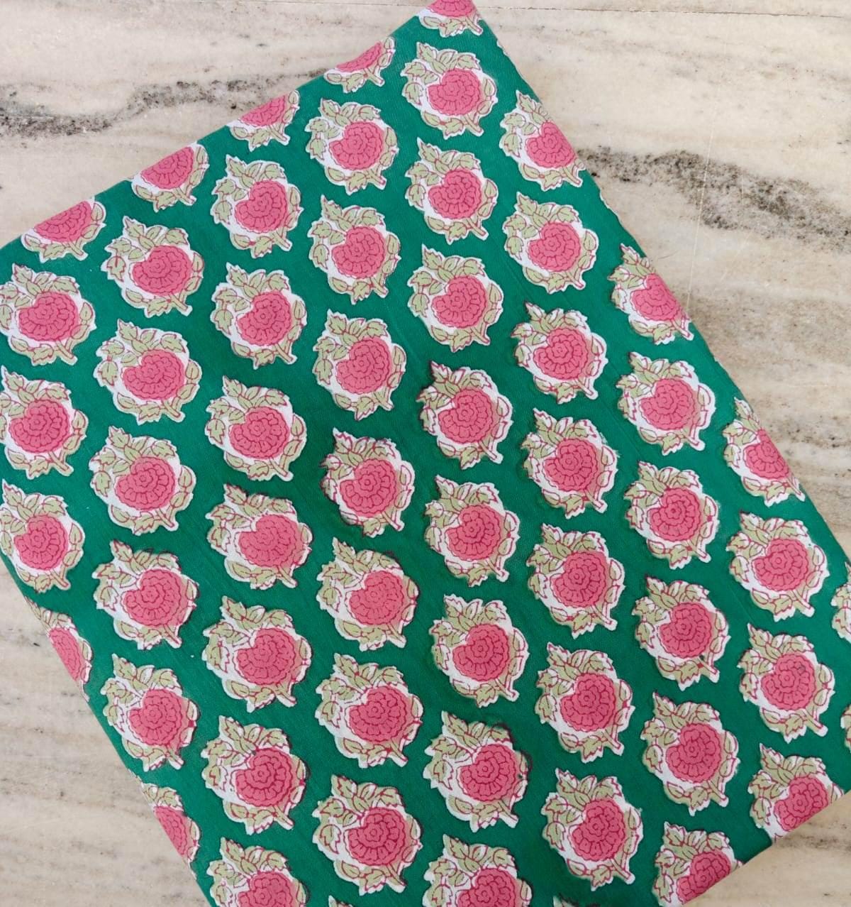 Green and Pink Rose Indian Hand Block Print Fabric 100% Cotton Quilting Fabric By The Yard, Dressmaking Fabric, Napkins Fabric, Loose Fabric