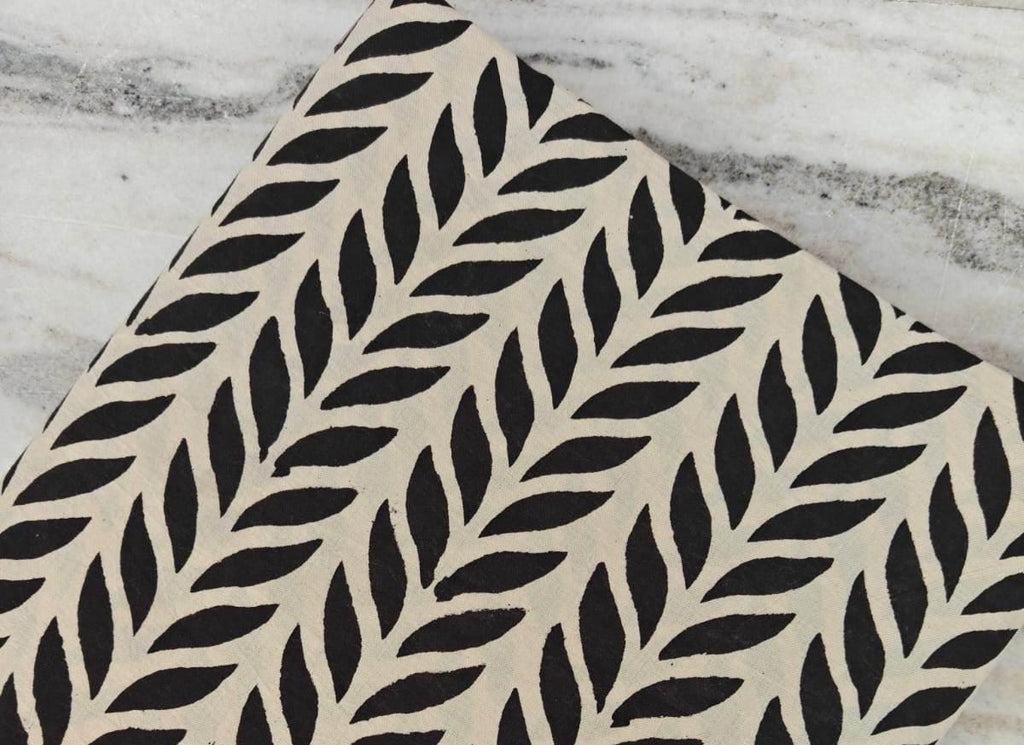 Black Leaf Print Cotton Fabric, Modern Botanical Hand Block Fabric, Home Decor By The Yard, Fabric For Dress Making, Loose Running Fabric