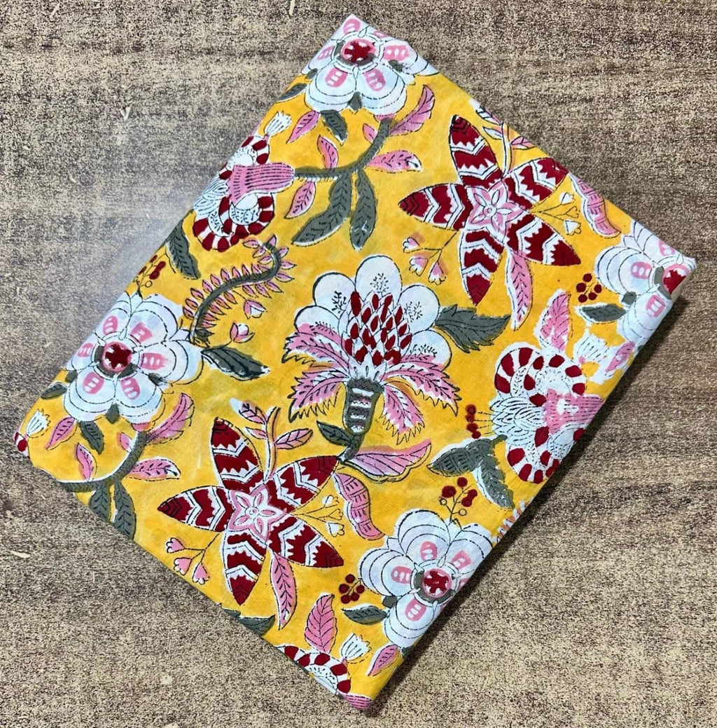 Yellow Floral Hand Block Print Cotton Fabric – Indian Cotton Fabric by Yard, Boho Flower Print Dressmaking & Quilting Fabric, Curtain Fabric