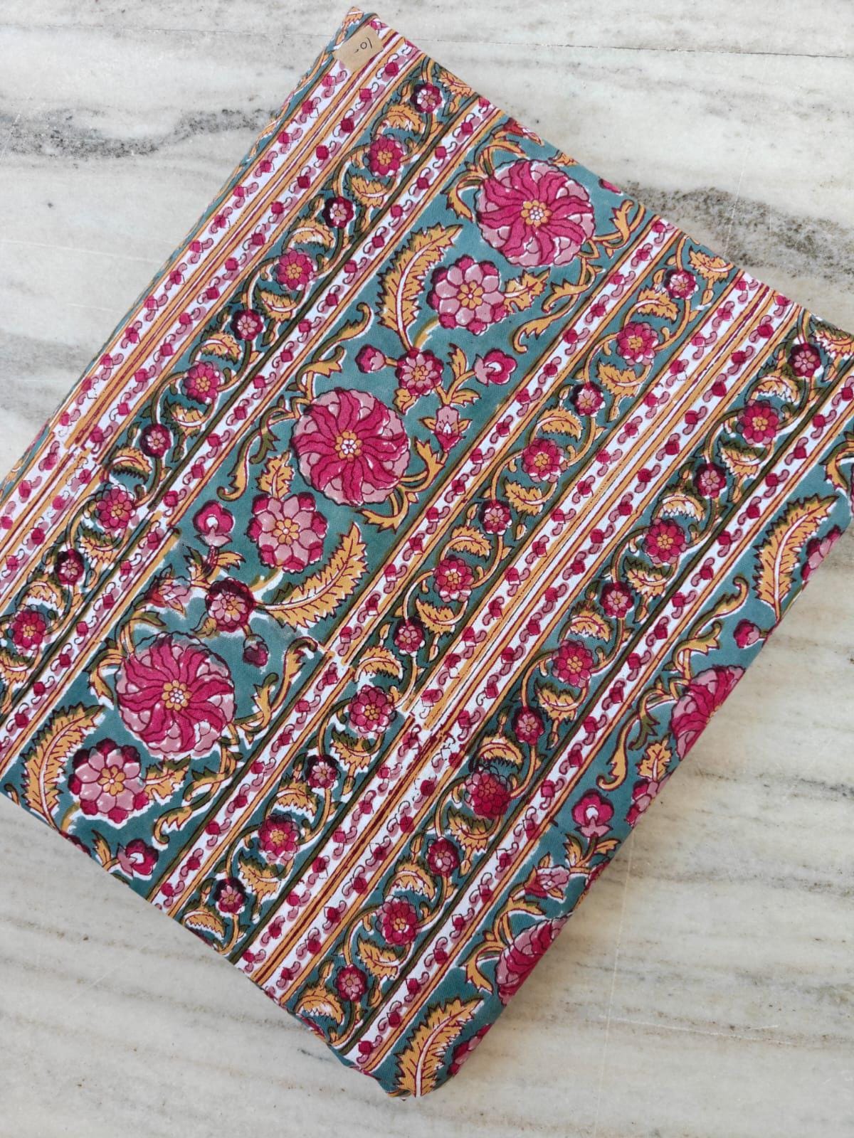 Teal Floral Cotton Fabric, Indian Block Print Fabric, Pink Flower Stripe Fabric, Boho Upholstery Fabric Quilting Sewing Craft Fabric by Yard