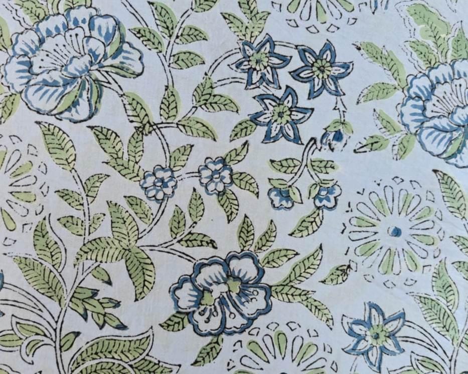 Light Blue Indian Hand Block Print Fabric, Floral 100% Cotton Quilting Fabric By The Yard, Fabric For Dress Making, Loose Running Fabric