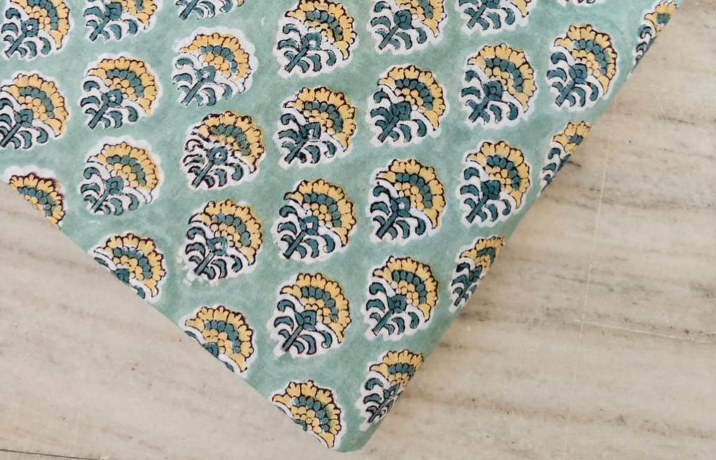 Mint Green Floral Cotton Fabric by the Yard, Hand Block Print Indian Fabric, Soft Cotton Material for Quilting, Sewing, Dressmaking Fabric