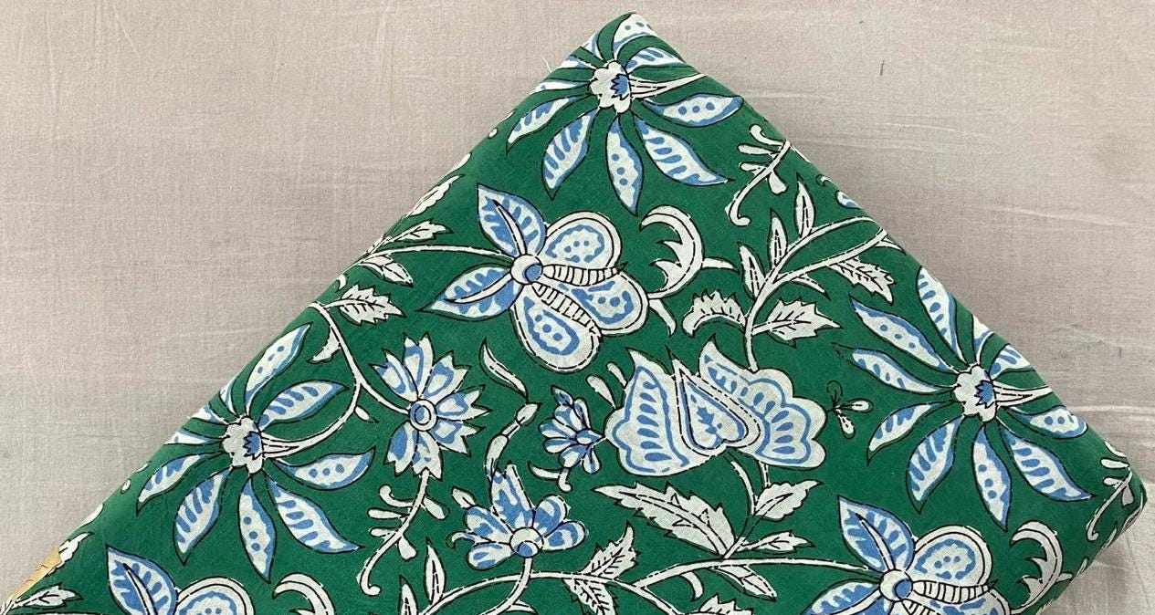 Green Floral Block Print Cotton Fabric, Blue White Hand Printed Indian Cotton, Fabric by The Yard, Soft Lightweight Sewing Quilting Fabric