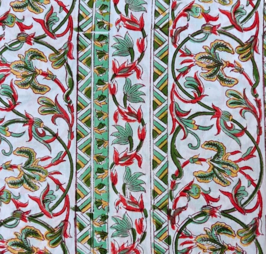 Indian Hand Block Print Cotton Fabric, Red Green Floral Vine Border Print, Jaipur Cotton Textile, Cotton Craft Fabric, Dressmaking Fabric