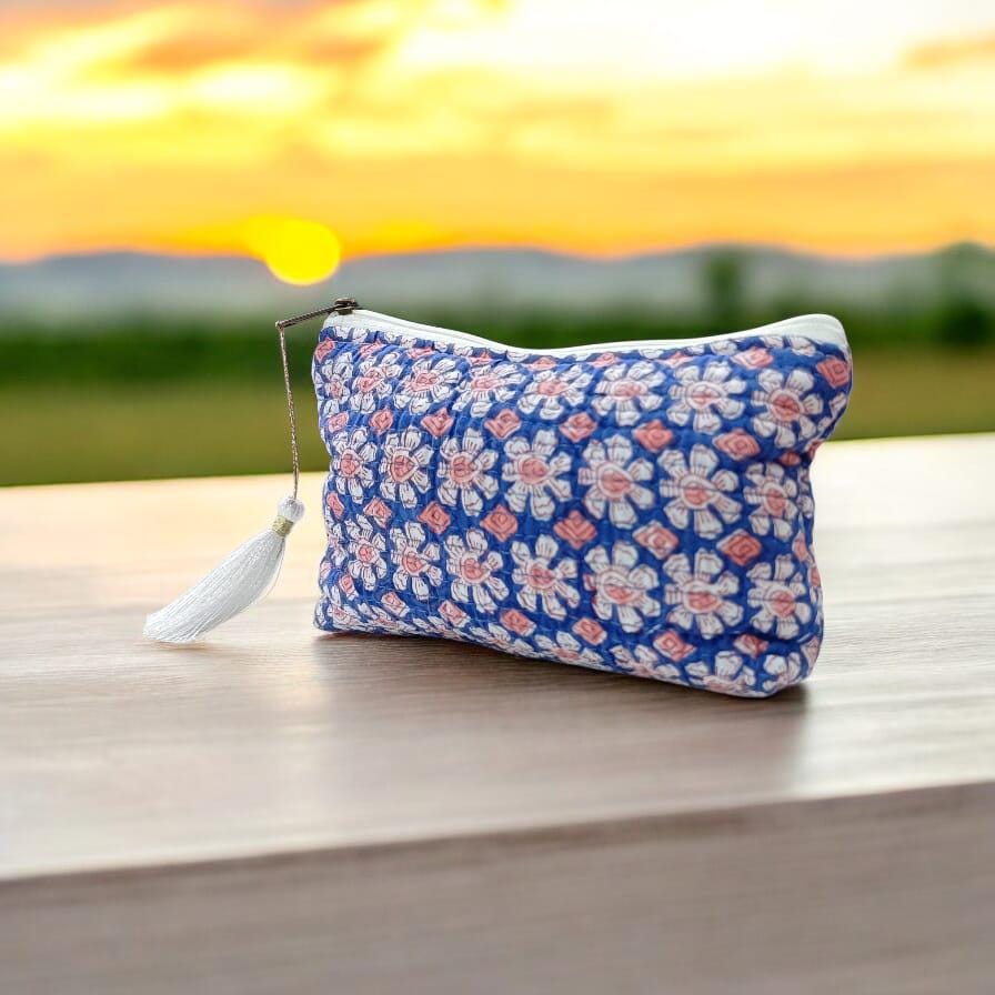Quilted Floral Pouch | Handmade Zipper Bag with Tassel | Small Cosmetic Bag | Travel Makeup Pouch | Gift for Her | Personalised Gifts