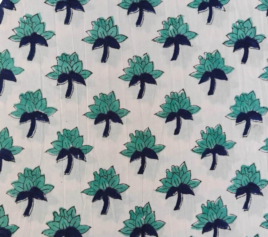 Hand Block Print Cotton Fabric, Floral Buti Indian Cotton Fabric, Blue Green Flower Print Fabric Soft Cotton Dressmaking Fabric Craft Fabric
