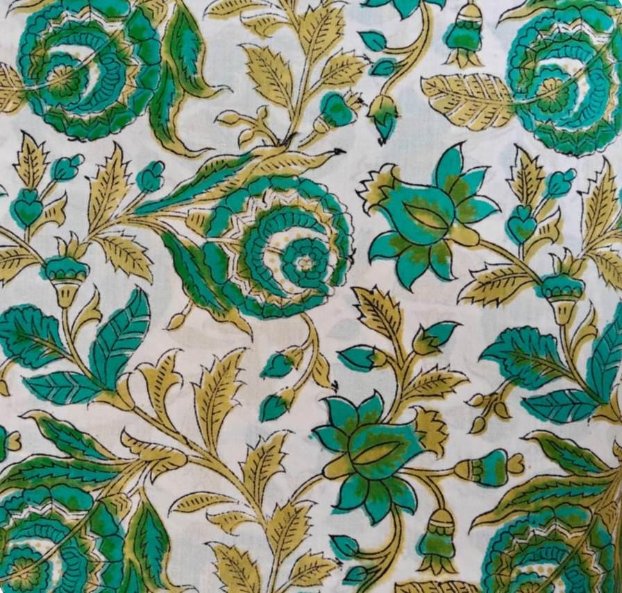 Green Floral Cotton Fabric by the Yard, Indian Block Print Fabric, White Botanical Vine Print, Boho Quilting Dressmaking Craft Fabric