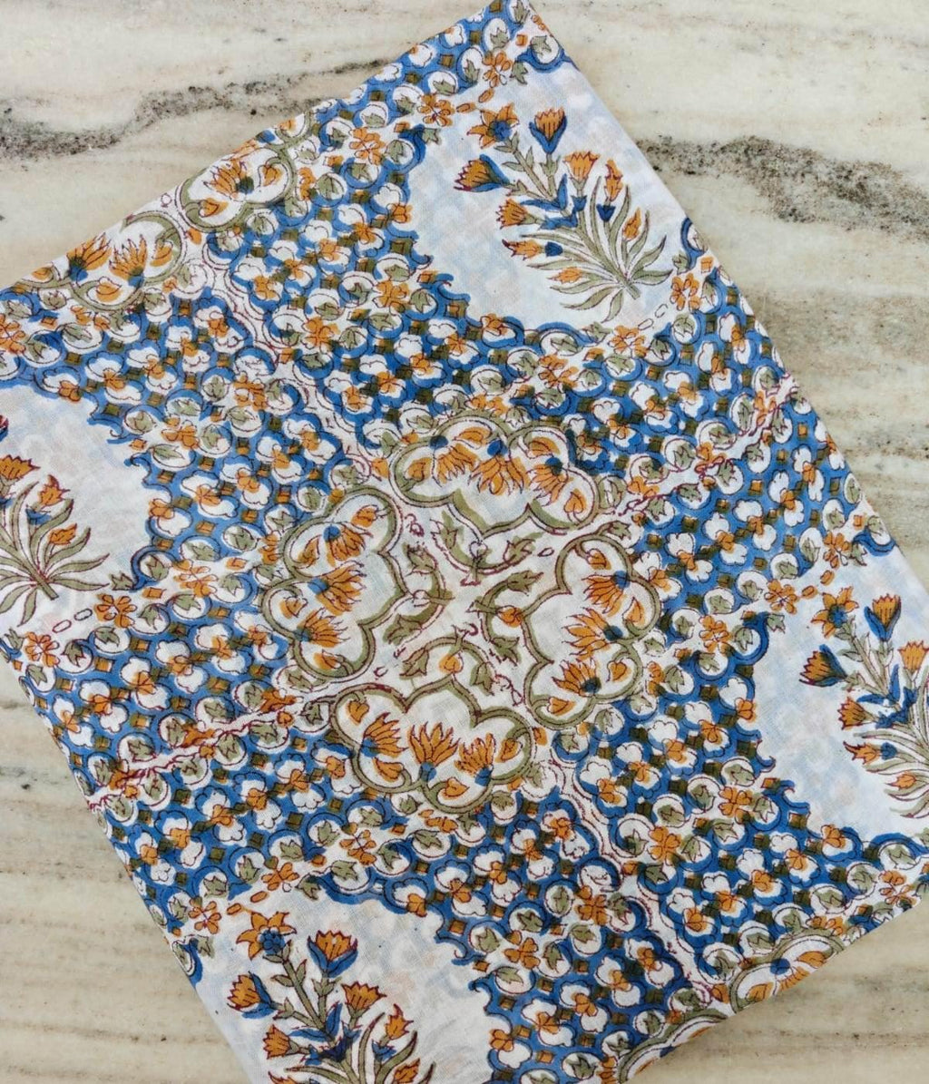 Sky Blue Floral Medallion Cotton Fabric, Hand Block Print Style Textile, Boho Cloth, Soft Lightweight Sewing Fabric, Dress Making Fabric