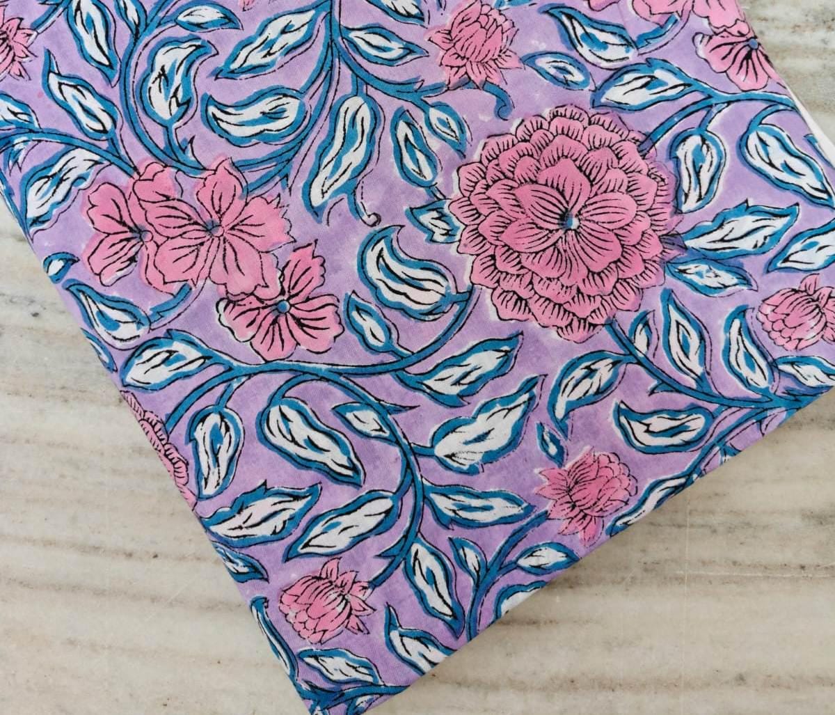 Pink Purple Designer Hand Block Print Fabric, Floral 100% Cotton Quilting Fabric By The Yard, Fabric For Dress Making, Loose Running Fabric