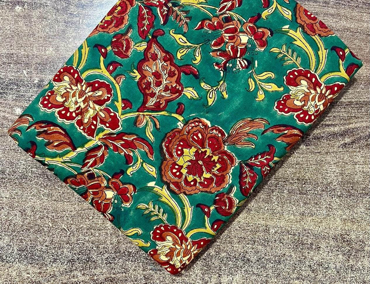 Emerald Green Floral Indian Hand Block Print Fabric, Soft Cotton Fabric, Floral 100% Cotton Fabric By The Yard, Fabric For Loose Running