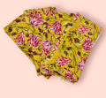Yellow Floral Cotton Napkins | Hand Block Print Pink Flower Cloth Napkins | Reusable Dinner Napkins for Table Decor & Eco-Friendly Dining