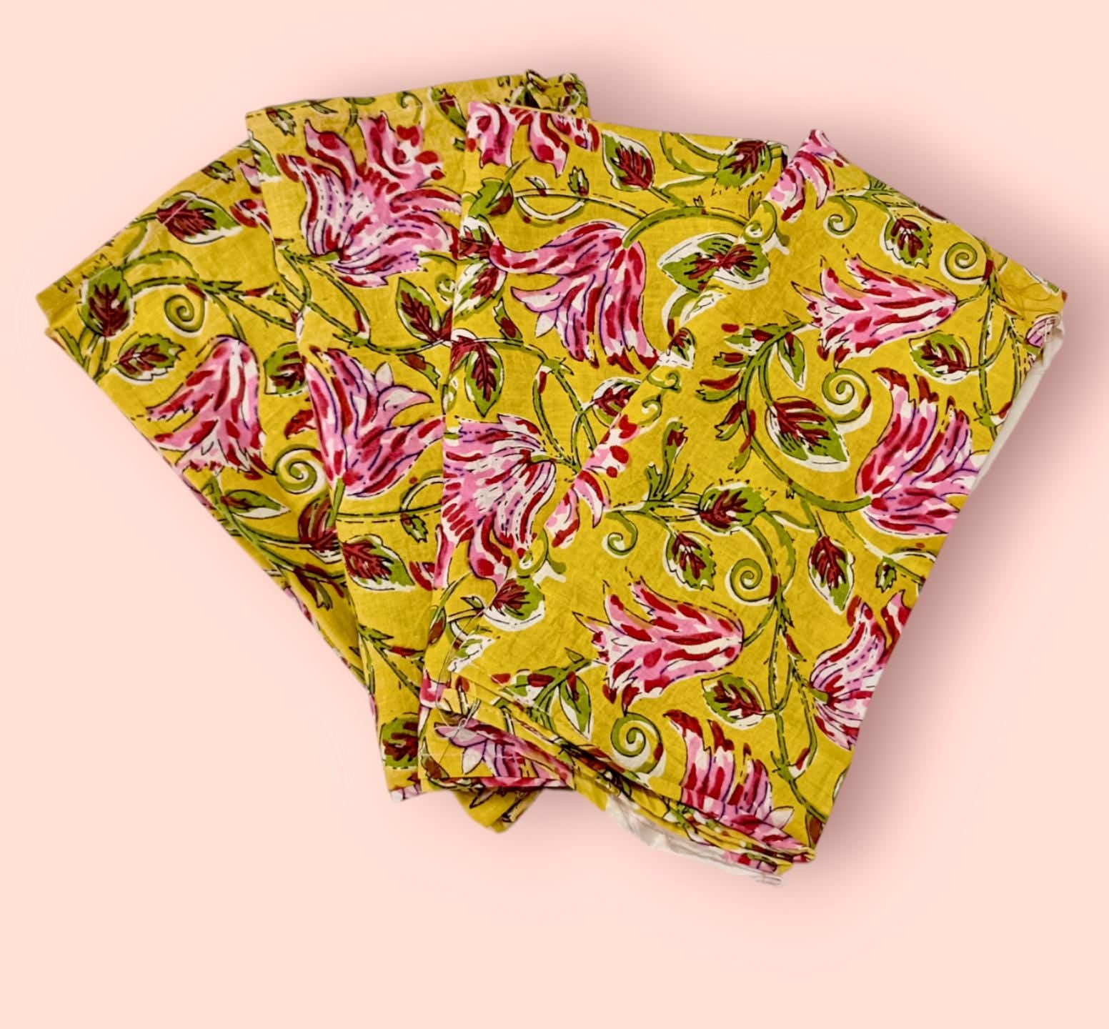 Yellow Floral Cotton Napkins | Hand Block Print Pink Flower Cloth Napkins | Reusable Dinner Napkins for Table Decor & Eco-Friendly Dining