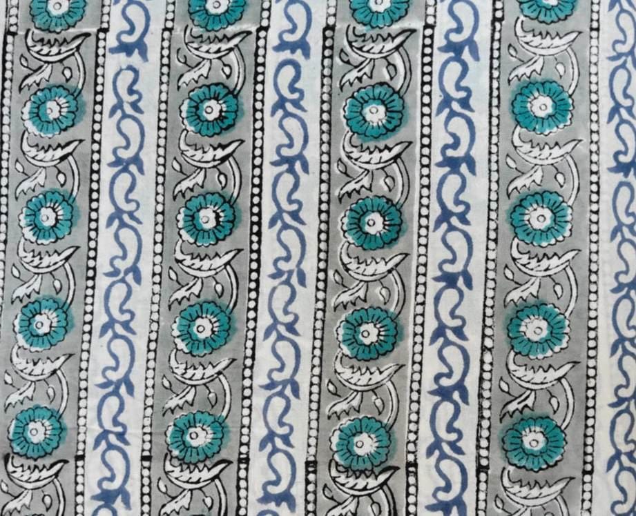 Blue Teal Floral Block Print Cotton Fabric, Indian Hand Block Style Striped Fabric, Fabric for Loose Running, Dress Making, Textile Fabric