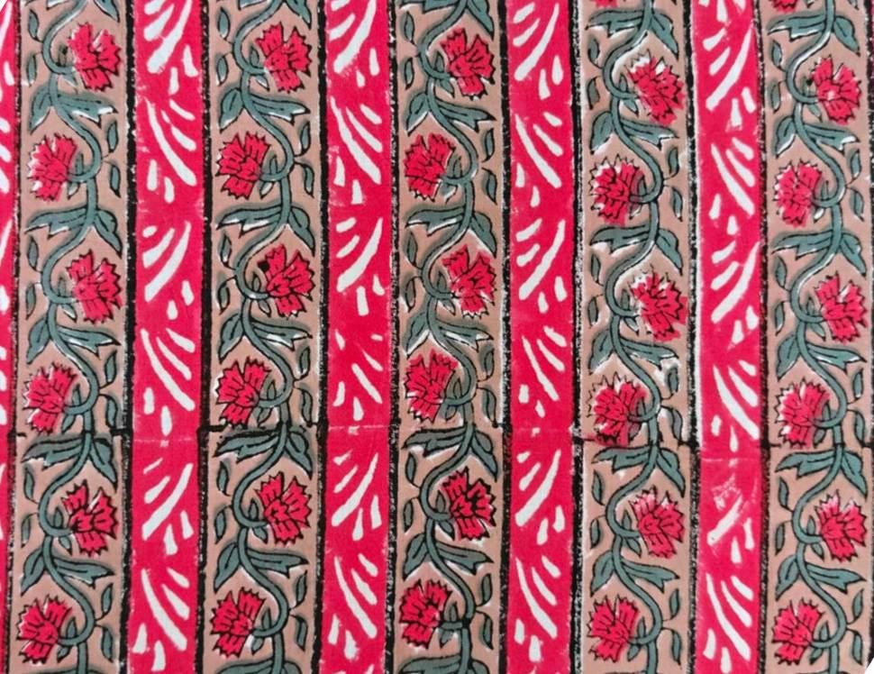Floral Stripe Cotton Fabric, Red Pink Botanical Border Print, Hand Block Style Cotton, Dressmaking Quilting Craft Fabric Ethnic Textile Yard