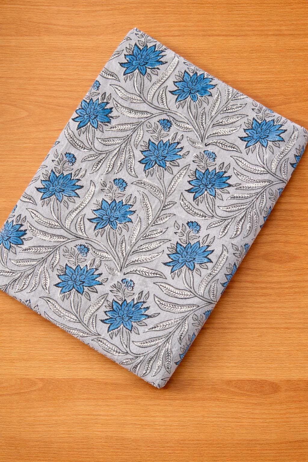 Grey Blue Floral Cotton Fabric by the Yard, Indian Printed Cotton Cloth, Soft Lightweight Cotton Fabric for Sewing, Quilting, Dressmaking