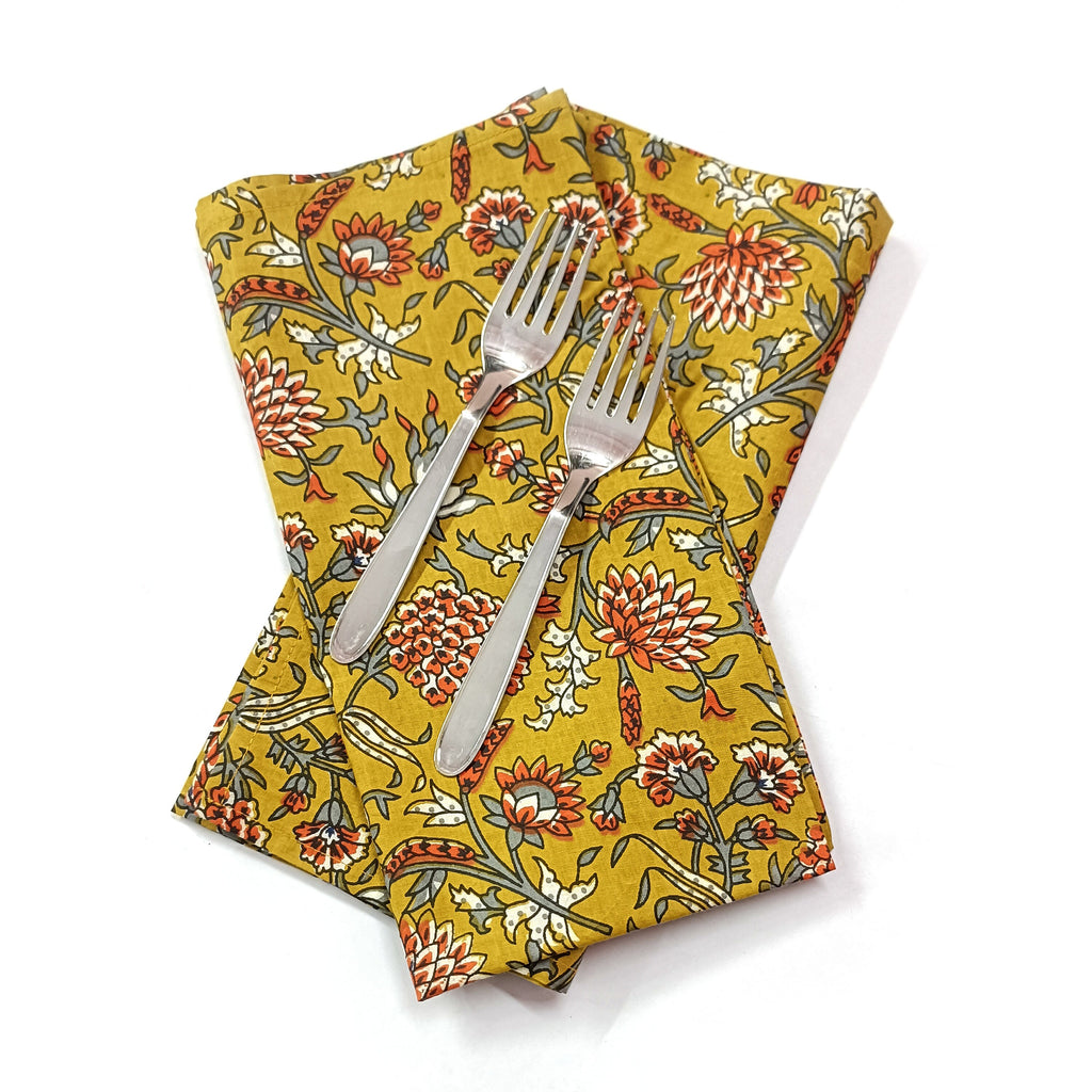 Yellow Floral Block Print Cotton Napkins: Scalloped Dinner Napkins (Set of 4)