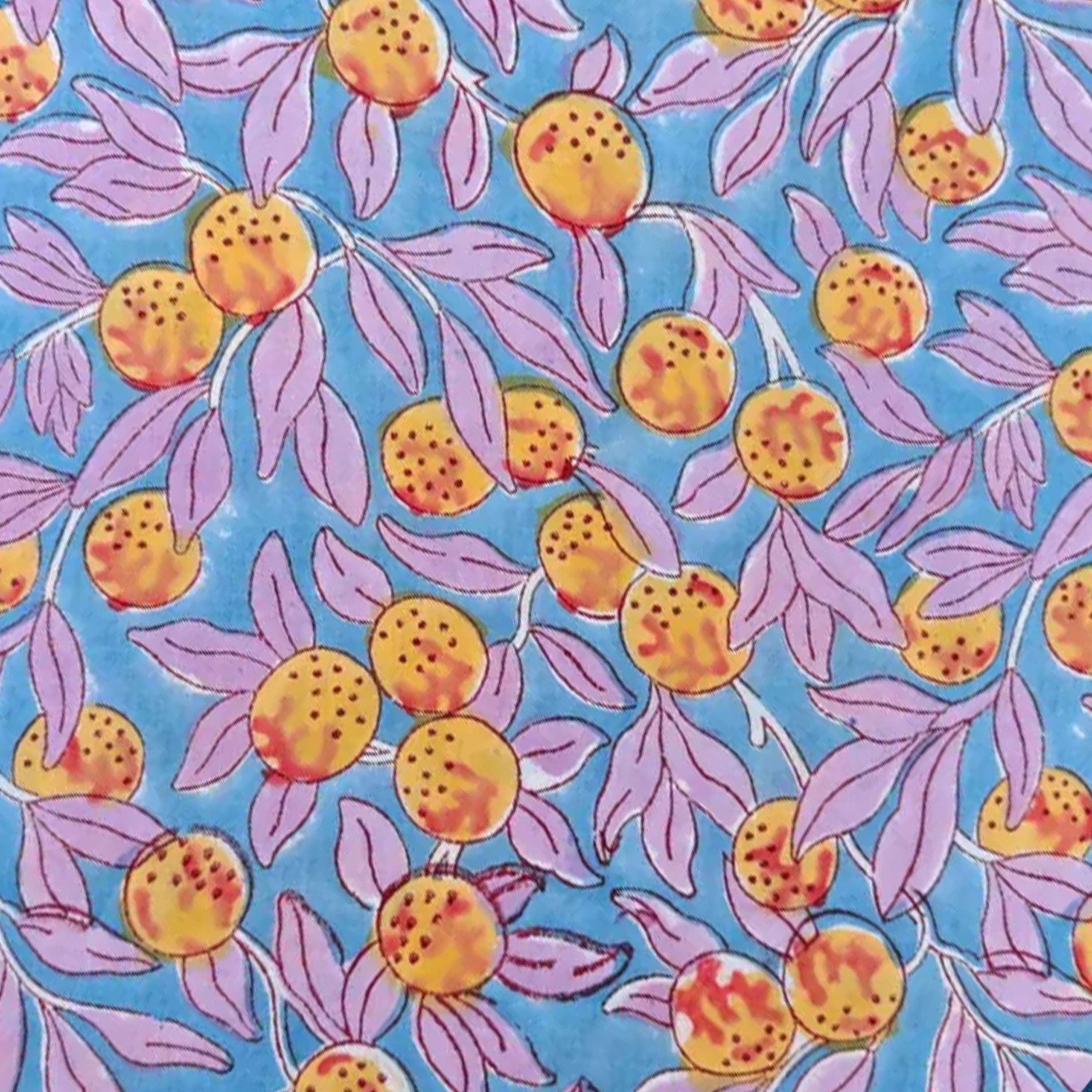 Hand Block Printed Cotton Cushion Cover, Blue Floral Fruit Pattern Pillow Cover, Colorful Boho Throw Pillow, 16x16 Handmade Cushion Covers