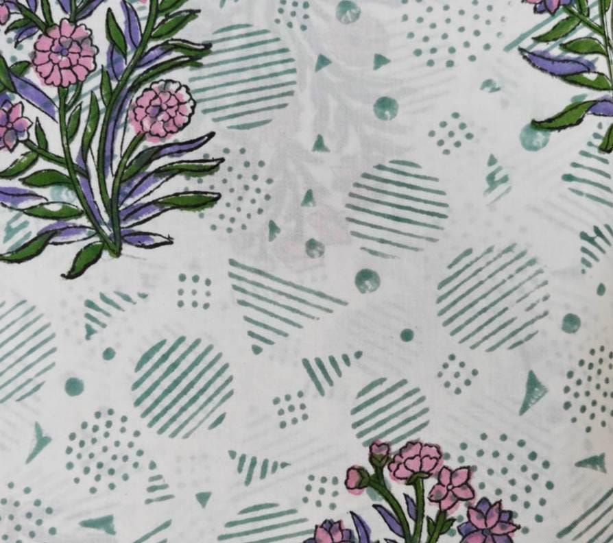 Floral Cotton Fabric with Pink Blossoms, Geometric Print Background, Soft Lightweight Cotton, Dressmaking Craft Fabric, Modern Textile