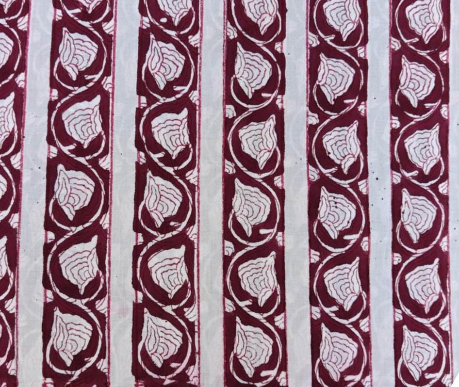 Hand Block Print Cotton Fabric, Burgundy Floral Stripe Fabric, Indian Cotton Textile, Maroon White Print, Soft Lightweight Fabric by Yard