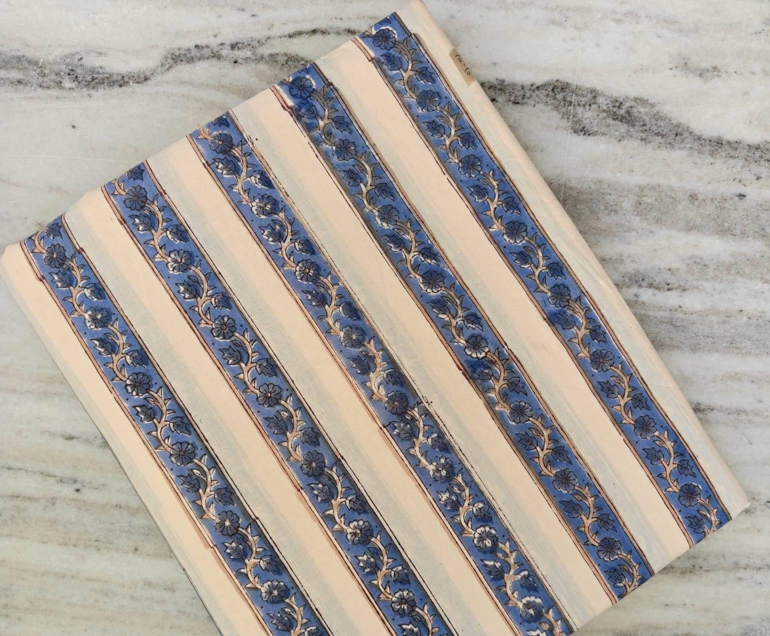Indigo Blue Floral Stripe Block Print Cotton Fabric | Indian Handmade Cotton Textile | Quilting Craft Dress Fabric by Yard, Curtains Fabric