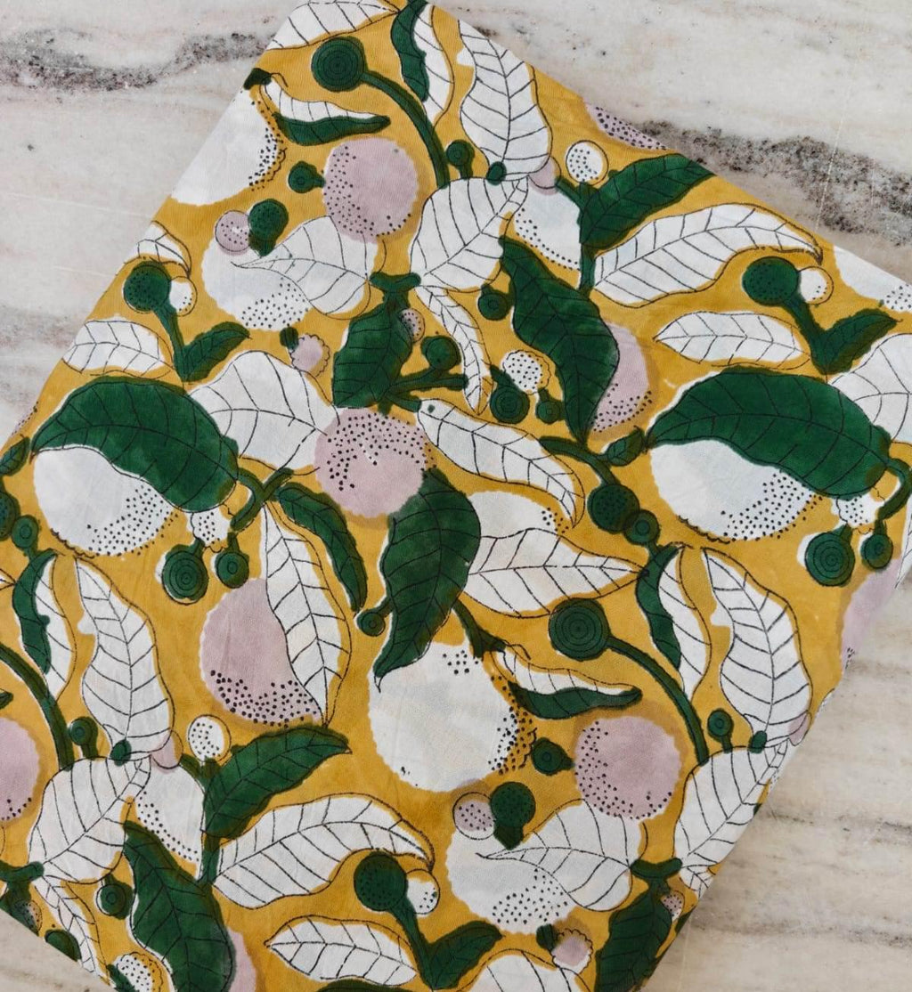 Yellow Lemon Indian Hand Block Print Fabric, Fruit Print Fabric by Yard, Green Leaf Cotton Fabric 100% Cotton Quilting Dressmaking Fabric