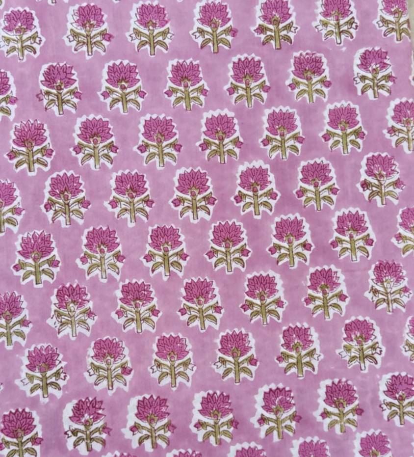 Pink Green Floral Cotton Fabric, Hand Block Print by the Yard, Indian Soft Cotton for Quilting, Dressmaking, Napkins Fabric, Christmas Decor