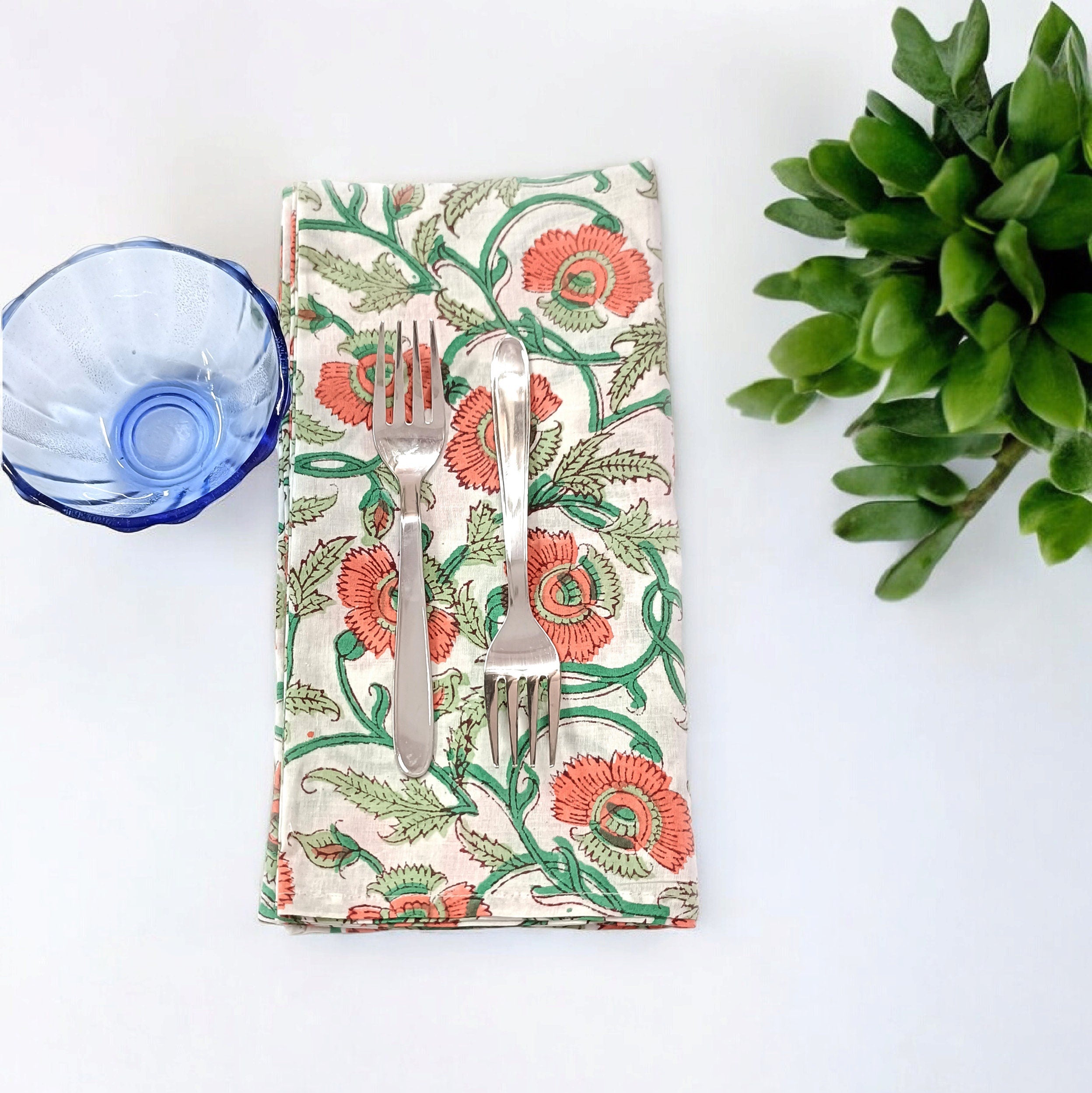 Hand Block Printed Cotton Napkins: Indian Floral Dinner Napkins, 18x18 Inches