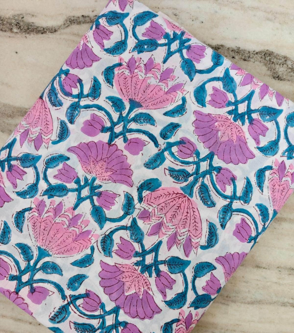 Pink Blue Floral Cotton Fabric, Indian Block Print Fabric, Botanical Cotton Fabric by Yard, Hand Printed Fabric, Quilting Dressmaking Fabric