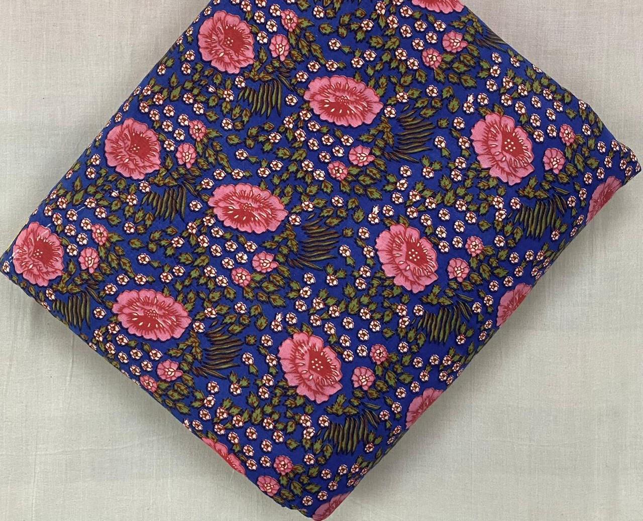 Blue Floral Cotton Fabric by Yard, Pink Flower Print Fabric, Indian Block Print Cotton, Boho Dressmaking Fabric, Quilting Napkins, Runner
