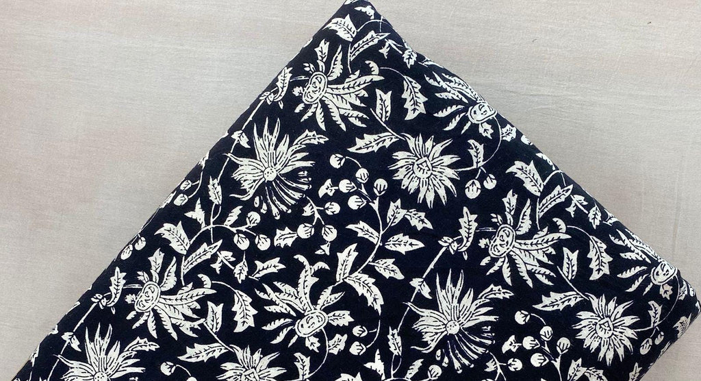 Black Soft Cotton, 100% Cotton Indian White Hand Block Print Fabric by the Yard, Fabric for Loose Running, Dress Making, Textile Fabric