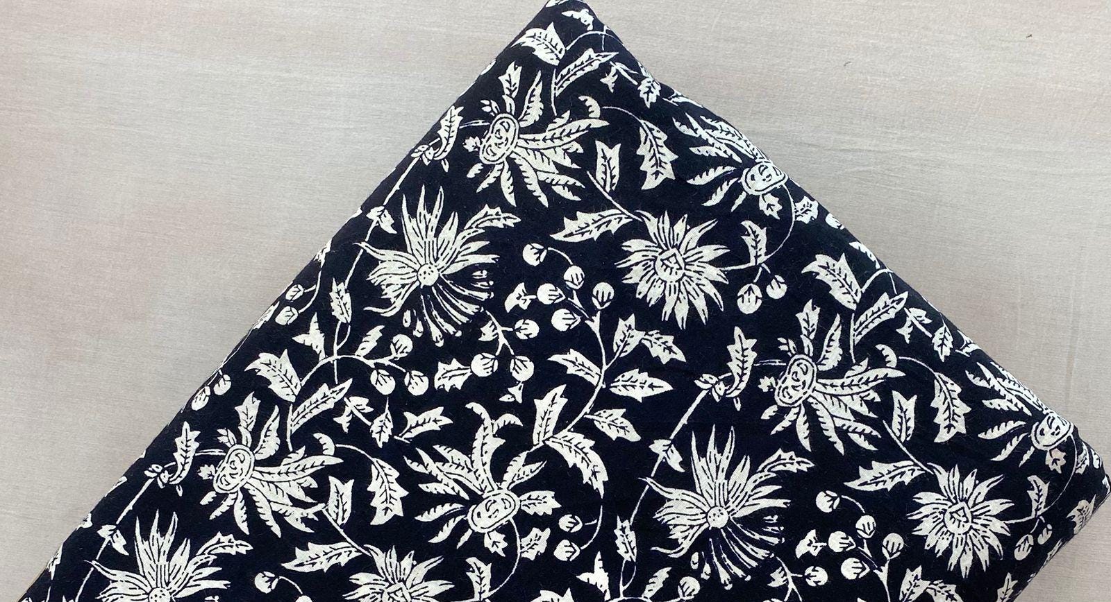 Black Soft Cotton, 100% Cotton Indian White Hand Block Print Fabric by the Yard, Fabric for Loose Running, Dress Making, Textile Fabric