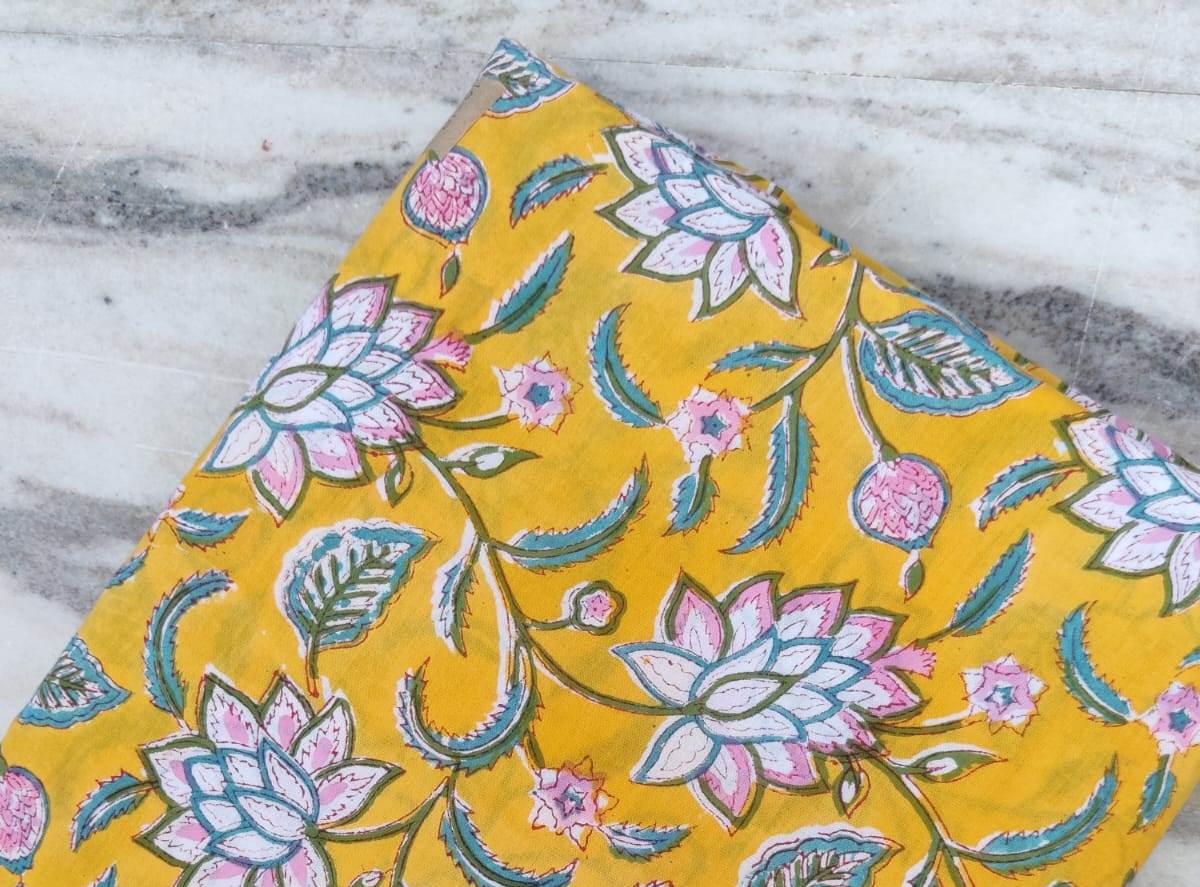 Yellow Lotus Floral Cotton Fabric by the Yard | Indian Hand Block Print Fabric for Quilting, Sewing, Dressmaking & Crafts | Textile Fabric