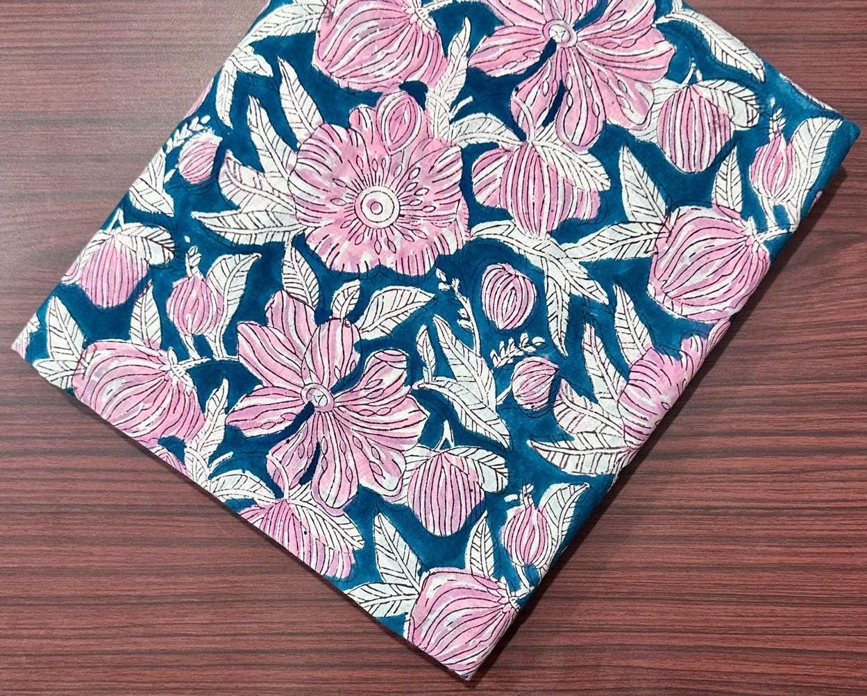 Blue Floral Cotton Fabric, Hand Block Print Indian Fabric by Yard, Pink Flower Pattern for Sewing Quilting Dressmaking, Fabric Bundal