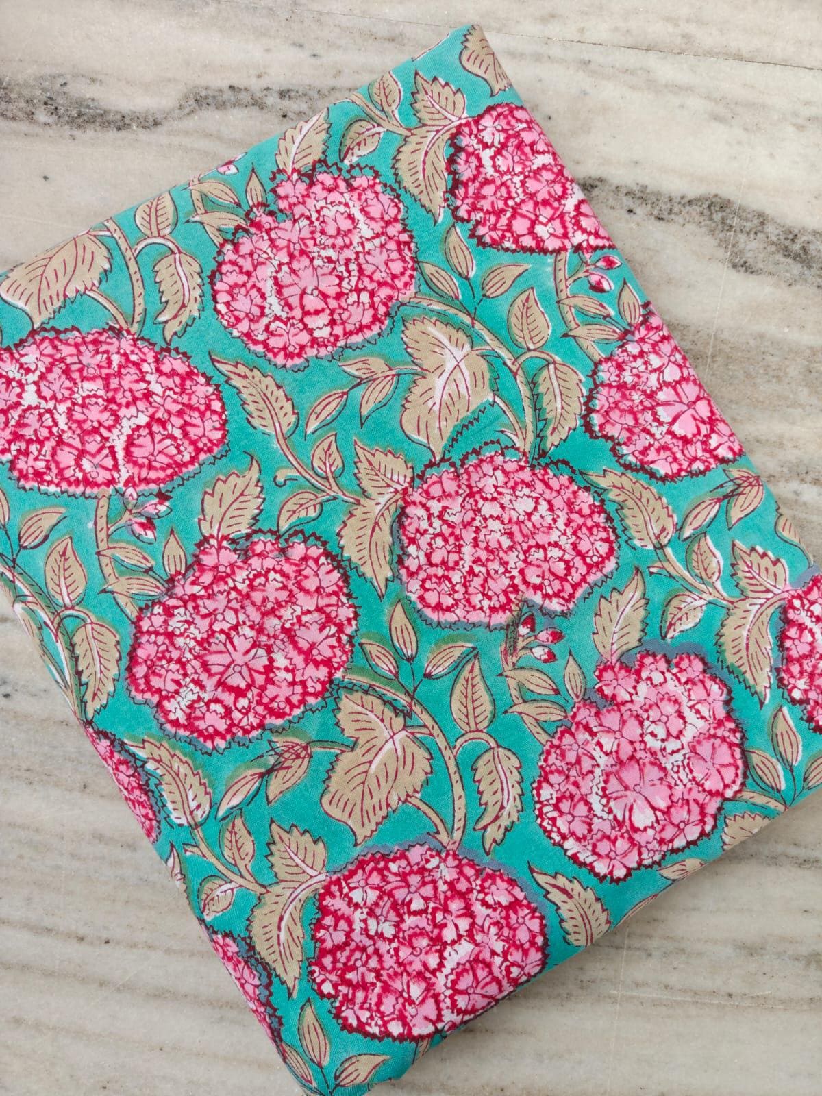 Teal Pink Floral Block Print Cotton Fabric Indian Hand Block Printed Fabric by the Yard, Soft Cotton Summer Floral Print Fabric Dress Making