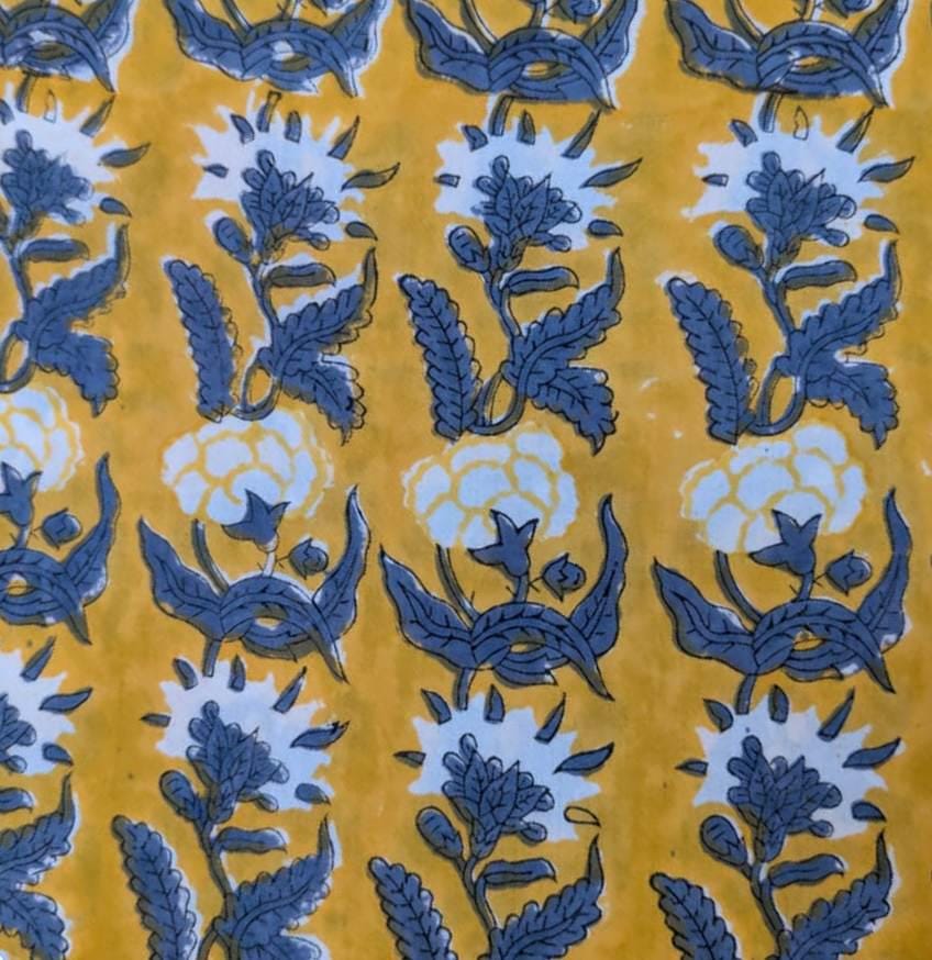 Yellow Floral Block Print Cotton Fabric | Blue & White Hand Block Print Material | Sewing, Quilting, Dressmaking Fabric by the Yard