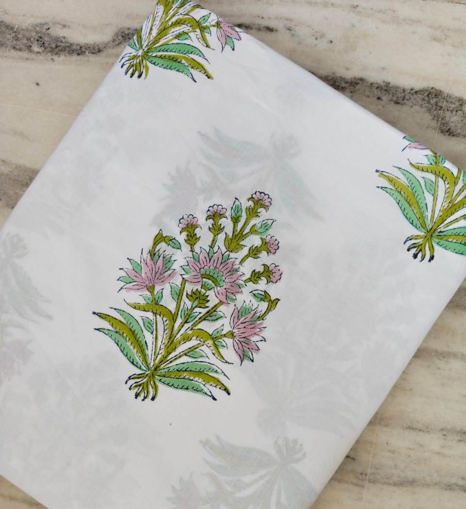 Green Pink Floral Cotton Fabric, Indian Hand Block Print Fabric White Cotton Fabric by the Yard, Soft Floral Cotton Fabric, Napkins, Curtain