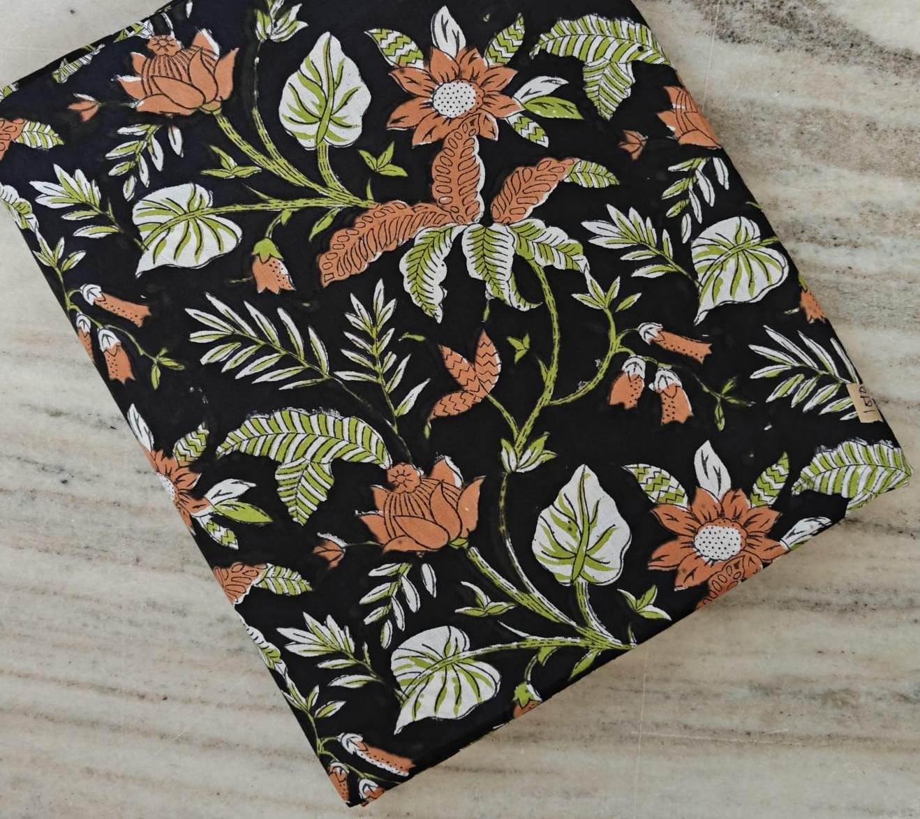 Black Floral Cotton Fabric by the Yard, Earthy Botanical Print, Brown & Green Block Print Style, Boho Dressmaking Quilting Fabric, Running