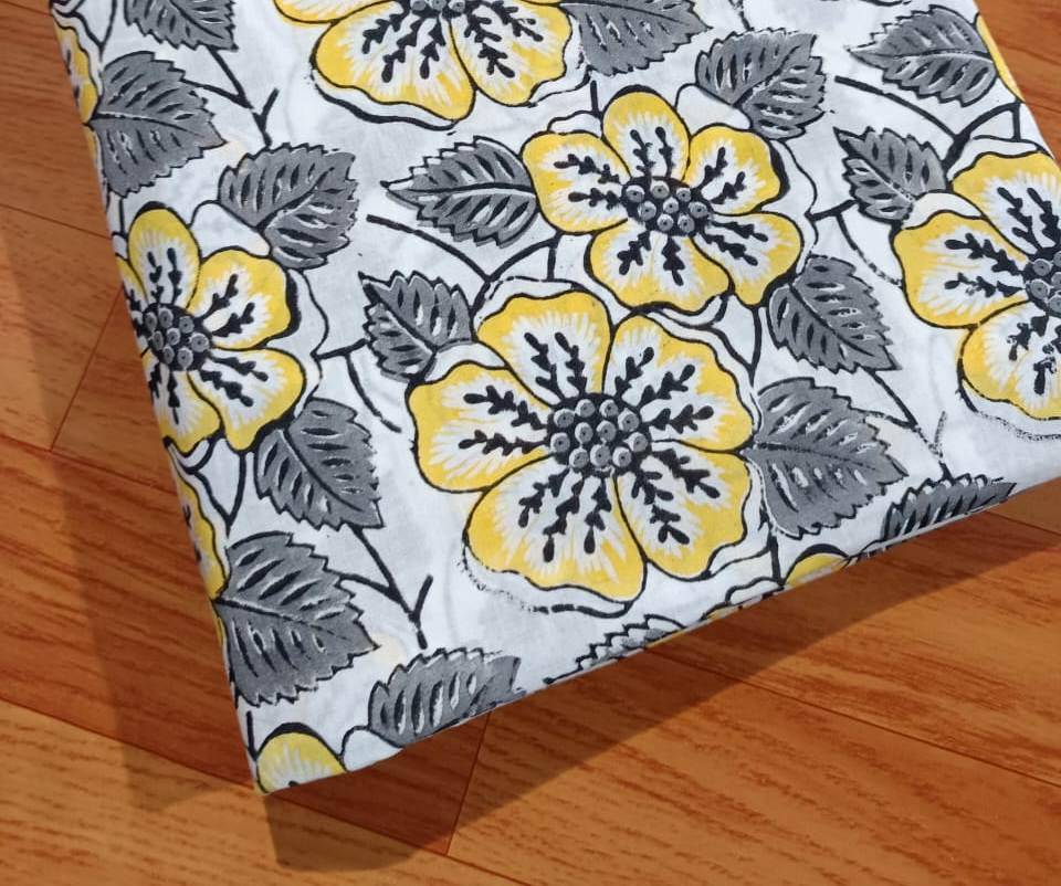 Yellow and Green Cotton Fabric. Soft Cotton, Indian Hand Block Print Fabric, Floral 100% Cotton Fabric By The Yard, Fabric for Loose Running