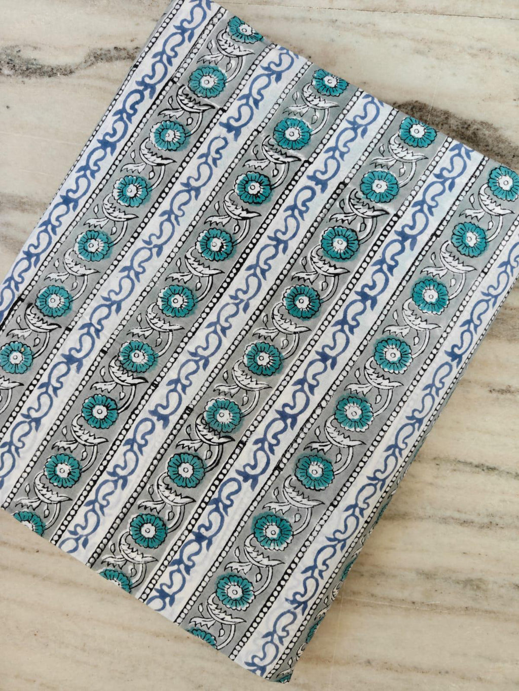 Blue Teal Floral Block Print Cotton Fabric, Indian Hand Block Style Striped Fabric, Fabric for Loose Running, Dress Making, Textile Fabric