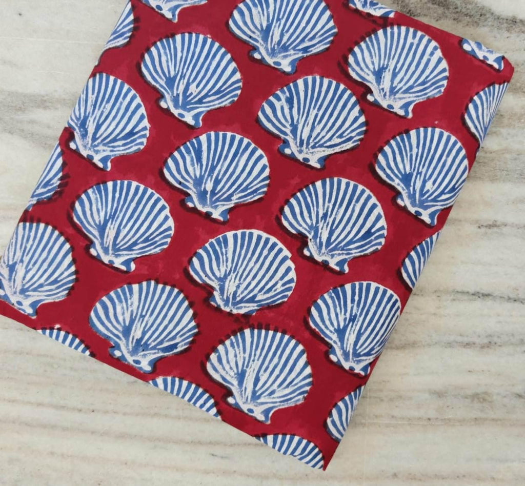 Red Seashell Block Print Cotton Fabric, Nautical Coastal Fabric, Blue Shell Indian Cotton Fabric, Beach Theme Quilting Craft Fabric by Yard