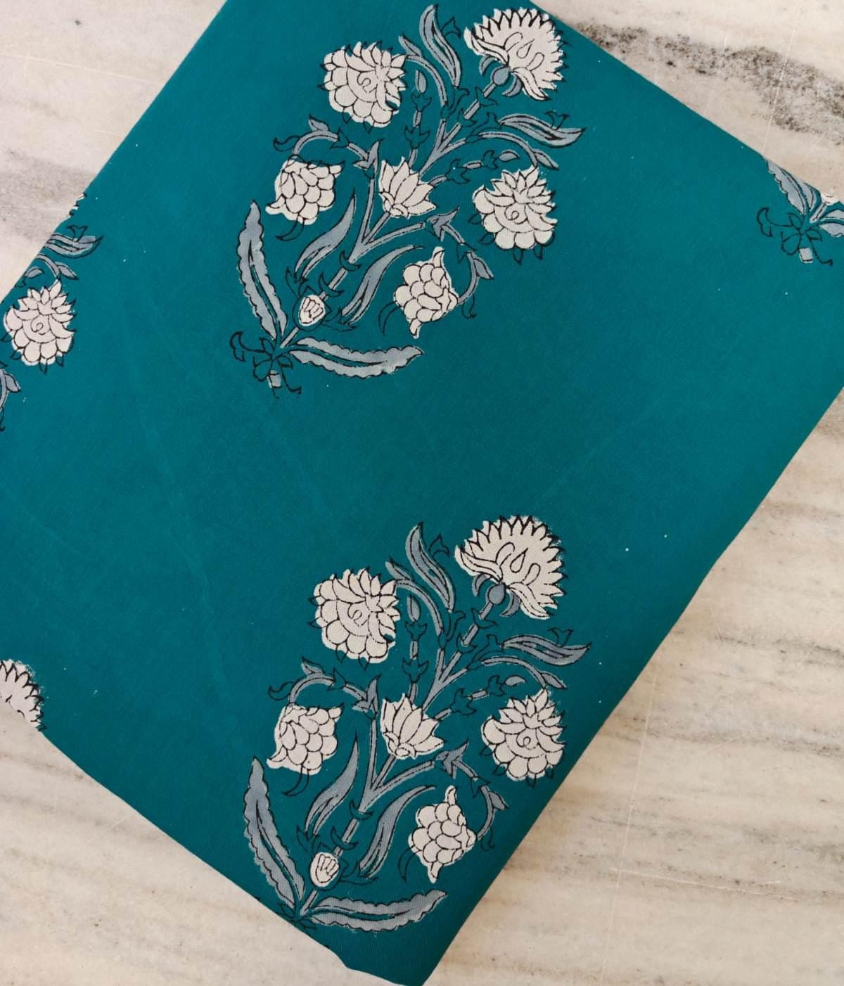 Teal Floral Cotton Fabric, Indian Block Print Fabric, Hand Block Style Fabric by the Yard Boho Floral Fabric for Sewing Quilting Dressmaking