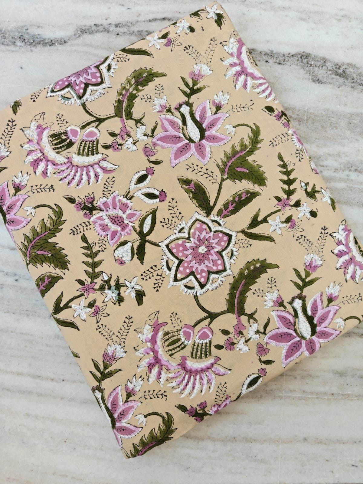 Floral Cotton Fabric, Beige Pink Botanical Print, Vintage Style Fabric, Block Print Inspired Fabric, Quilting Fabric Dressmaking by the Yard