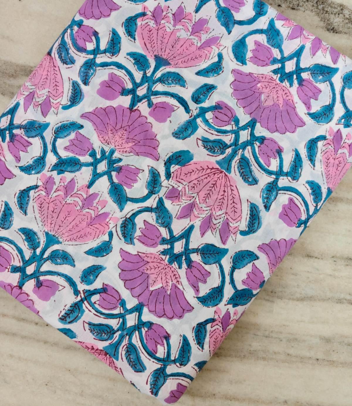 Pink Blue Floral Cotton Fabric, Indian Block Print Fabric, Botanical Cotton Fabric by Yard, Hand Printed Fabric, Quilting Dressmaking Fabric