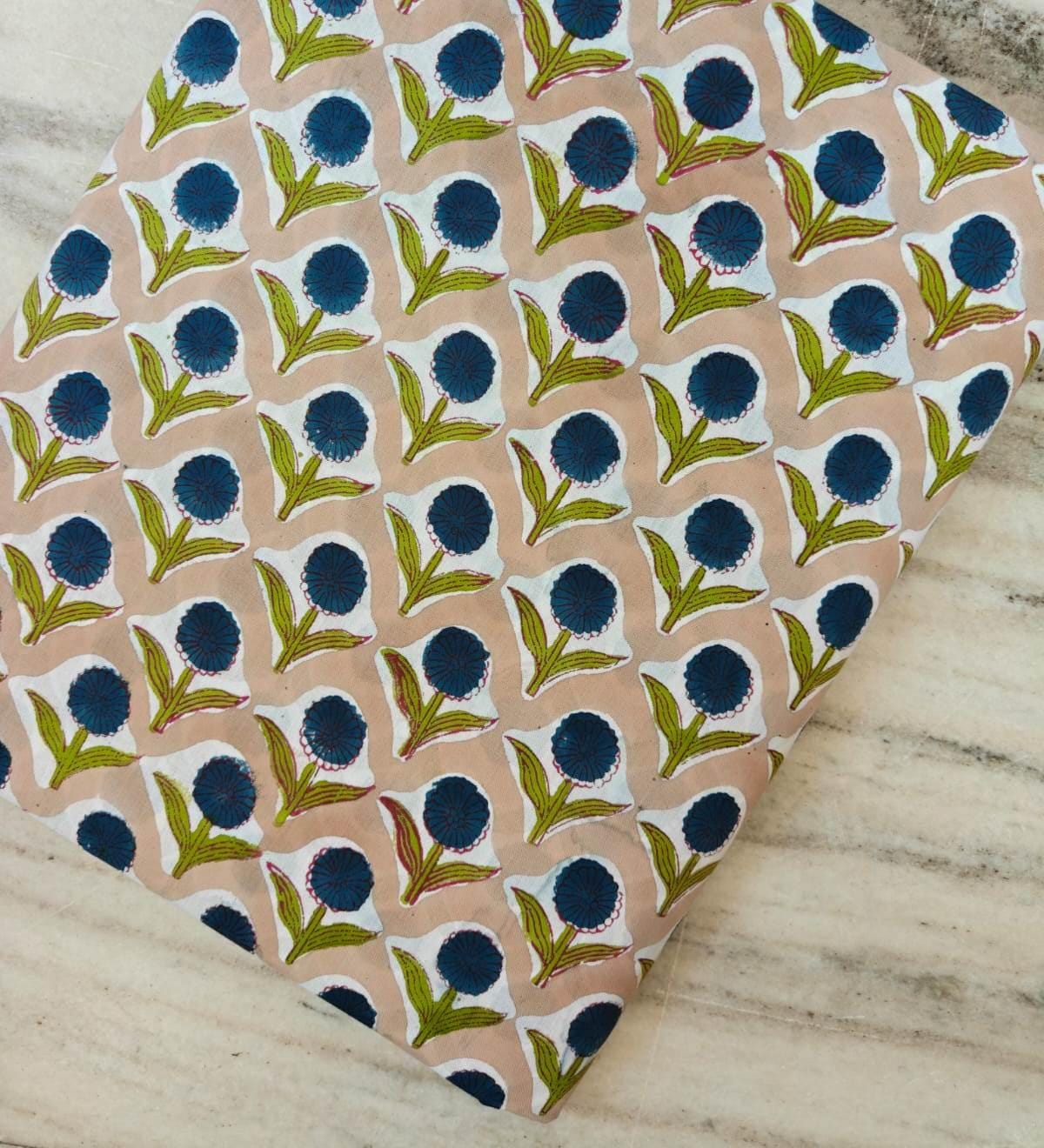 Blue Floral Hand Block Print Cotton Fabric, Indian Cotton Fabric by Yard, Beige Background Flower Print Fabric, Sewing, Dressmaking Fabric