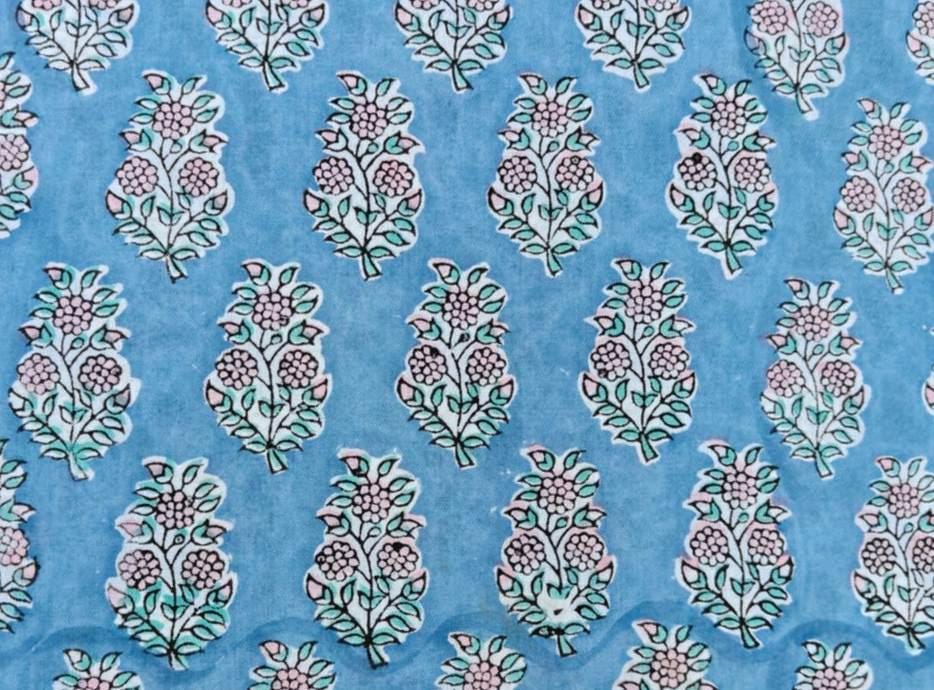 Blue Hand Block Print Cotton Fabric, White Floral Indian Fabric by the Yard, Fabric For Dressmaking, Loose Running Fabric, Personlized Gift