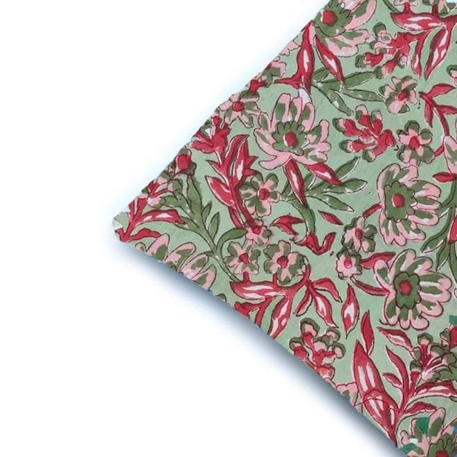 Green Floral Cotton Cushion Cover, Red Pink Botanical Pillow Case, Block Print Style Throw Pillow, Cottagecore Farmhouse Home Decor