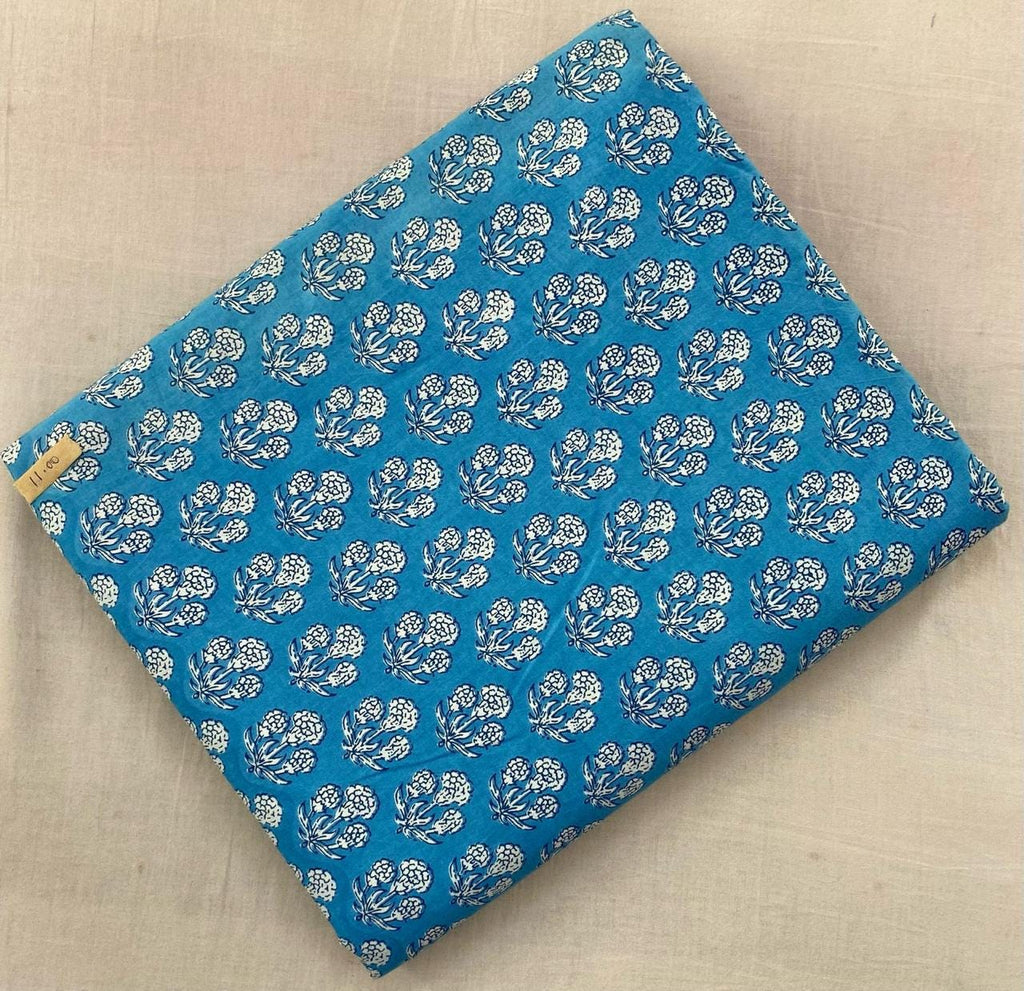 Blue Buti Hand Block Print Cotton Fabric, Soft Indian Floral Fabric by the Yard, Quilting, Sewing, Dressmaking, Loose Running Fabric, Gifts